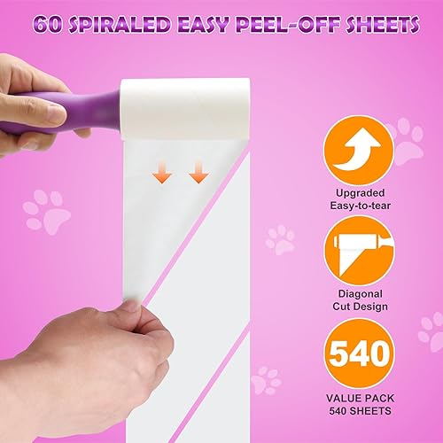 Miniatura 4 de Rodillo de pelusa para pelo de mascotas extra pegajoso, 540 hojas, herramienta de eliminación de pelo de mascotas con 2 asas mejoradas + 6 rodillos