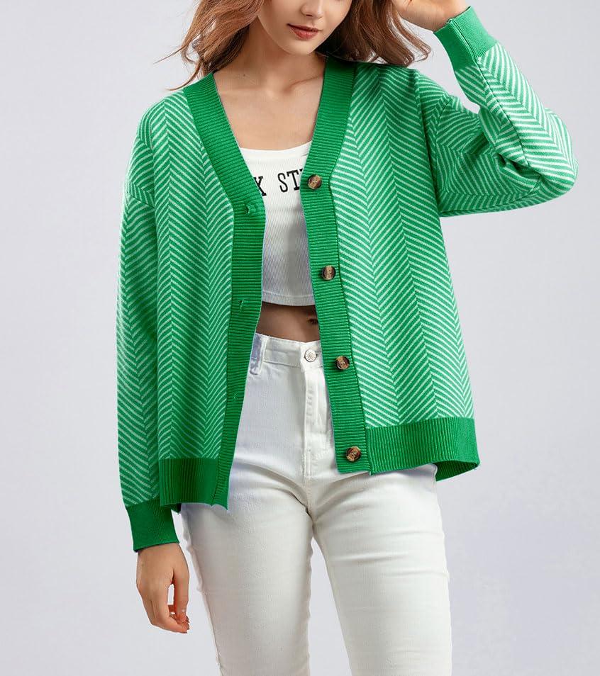 chouyatou Women's 2025 Button Down V Neck Cardigans Herringbone Striped Sweater Cardigan Jacket Outerwear Coat3