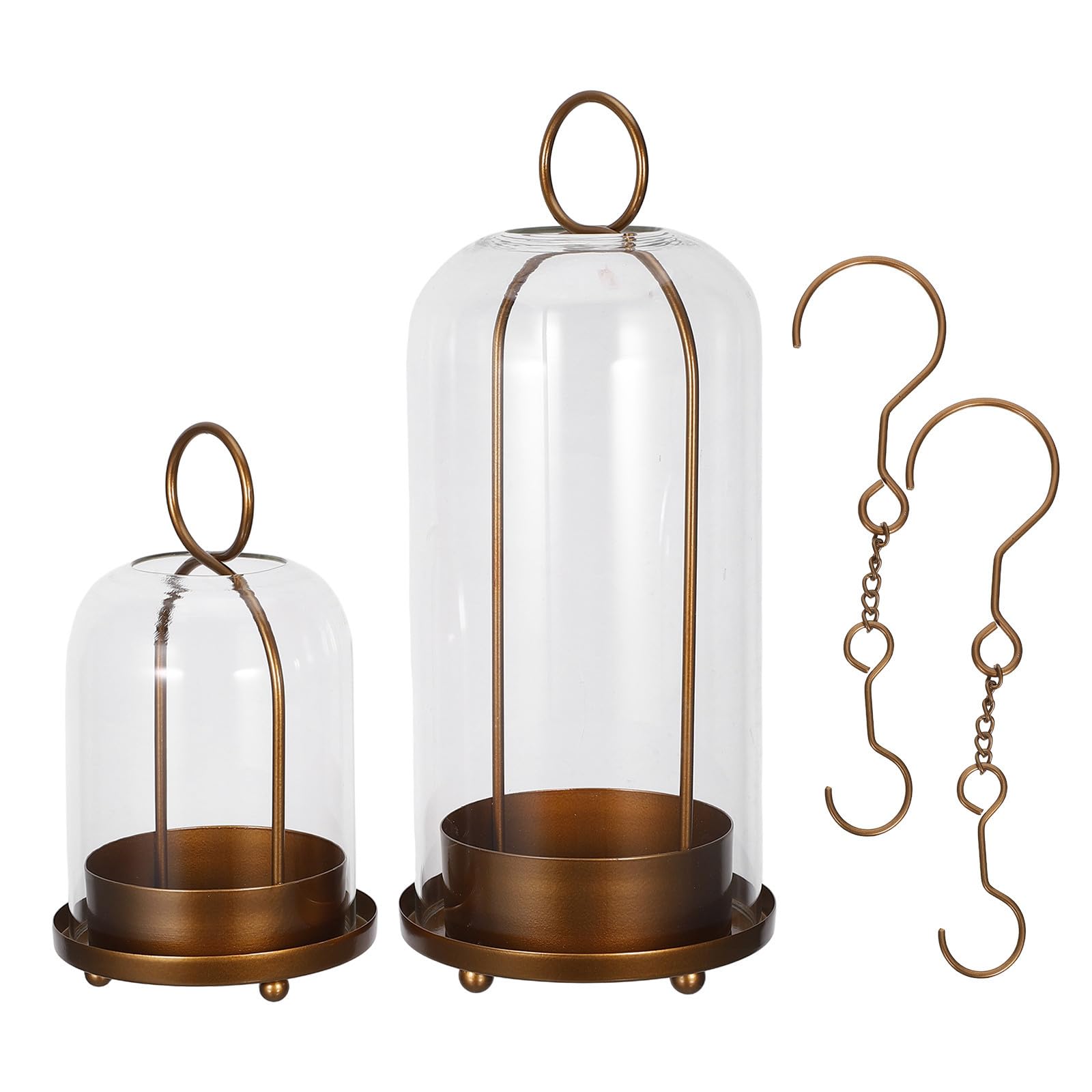 CRAFTHROU 2 Stück Glas Windlichter mit Goldener Metalllaterne Runde Kuppel für Stumpenkerzen und Kleine Pflanzen Elegant Rustikale Hängelaterne für Tisch und Outdoor Hochzeit