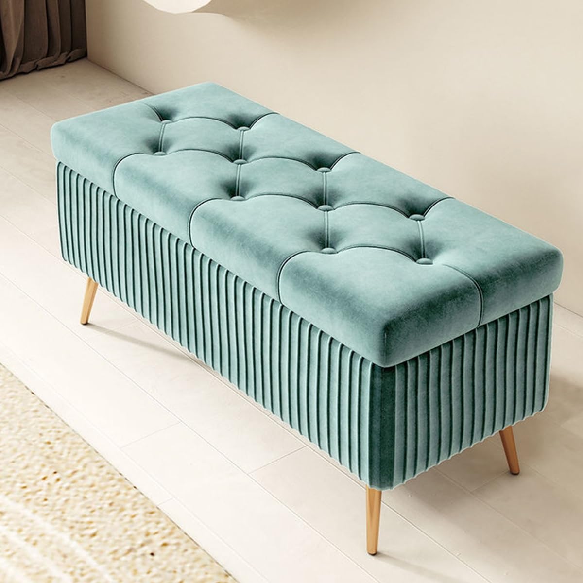 Banc de rangement velours cyan de 60 cm pour embellir votre chambre ou entrée