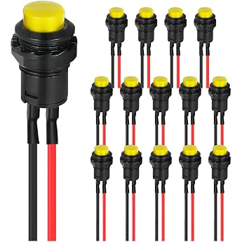 Self-Locking Switch 12 mm Yellow Mini Locking Push Button Switch ON Off AC 250 V/1.5 A 125 V/3 A Micro Round Push Button Switch 2 Pin 12 V with Pre-Wired Wires for Table Lamp Pack of 15