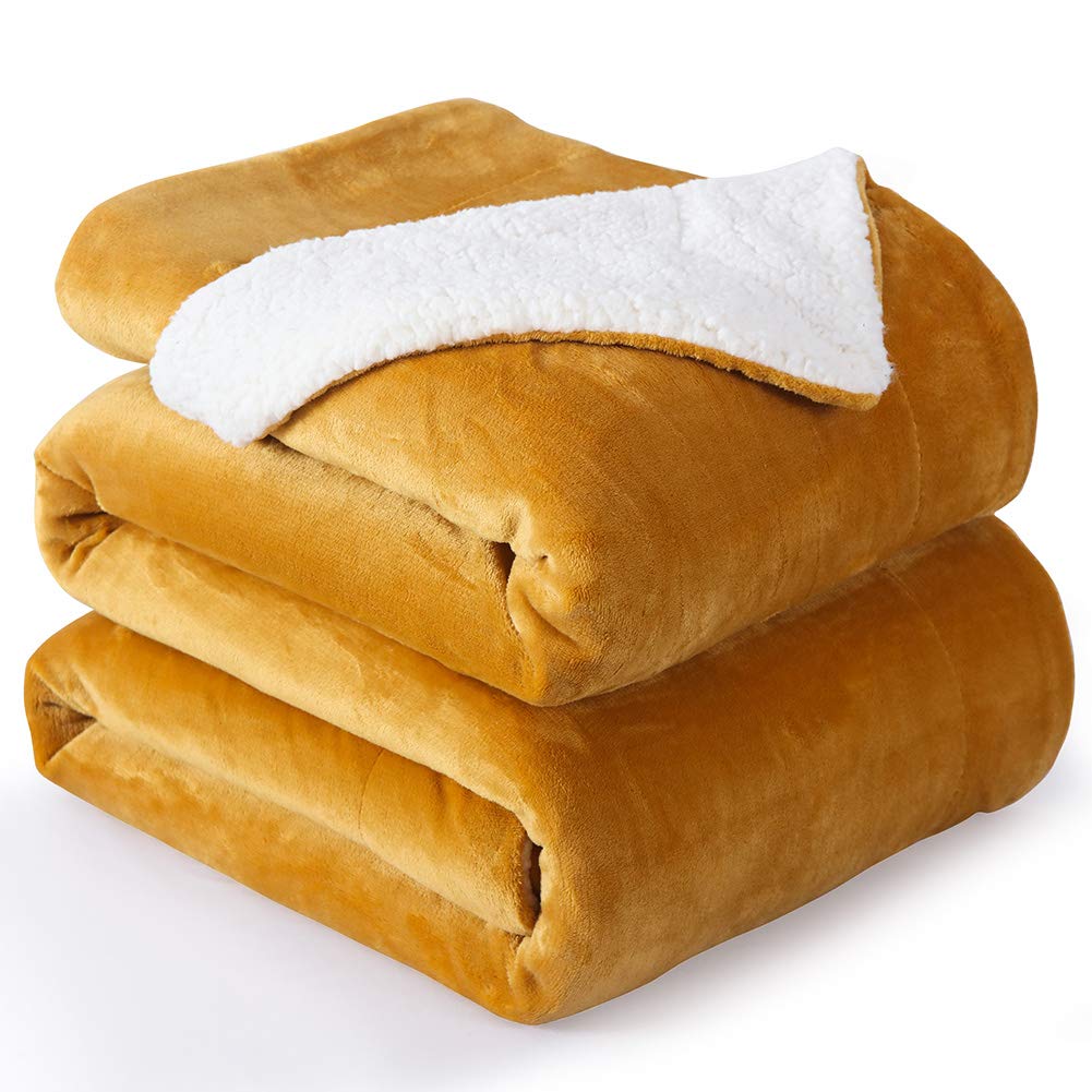 NANPIPER Bed Blanket Reversible Sherpa Flannel Throw Blanket Super Soft Fuzzy Plush Fleece Microfiber (90"x90",Ginger Yellow)