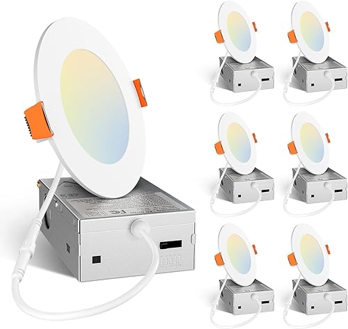 Amico 6 Pack 4 Inch 5CCT Ultra-Thin LED Recessed Ceiling Light with Junction Box, 2700K3000K3500K4000K5000K Selectable, 11W Eqv 70W 800LM Brightness