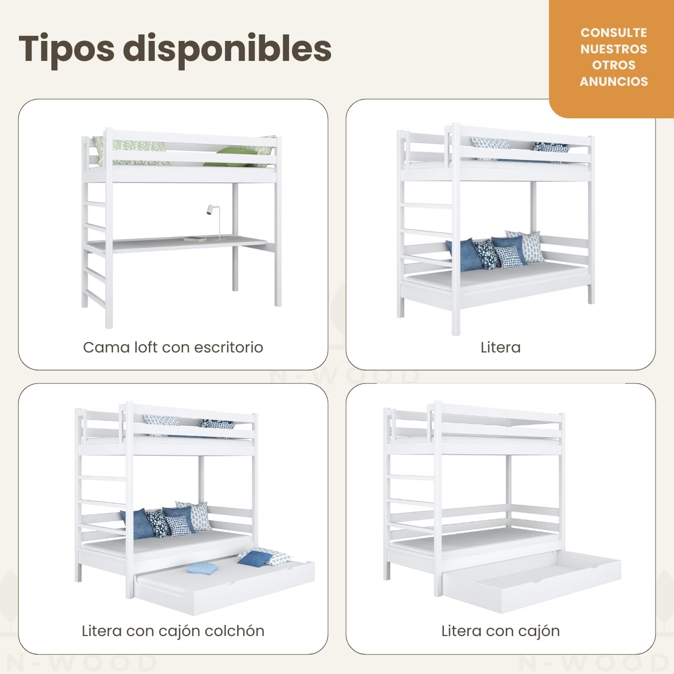 N01 Cama Loft 90x200 cm, 100% Madera Maciza, Cama Alta para niños y Adultos, Escalera Universal: Derecha o Izquierda, Somier Incluido, Sin Tornillos salientes, Hecho a Mano, Blanco