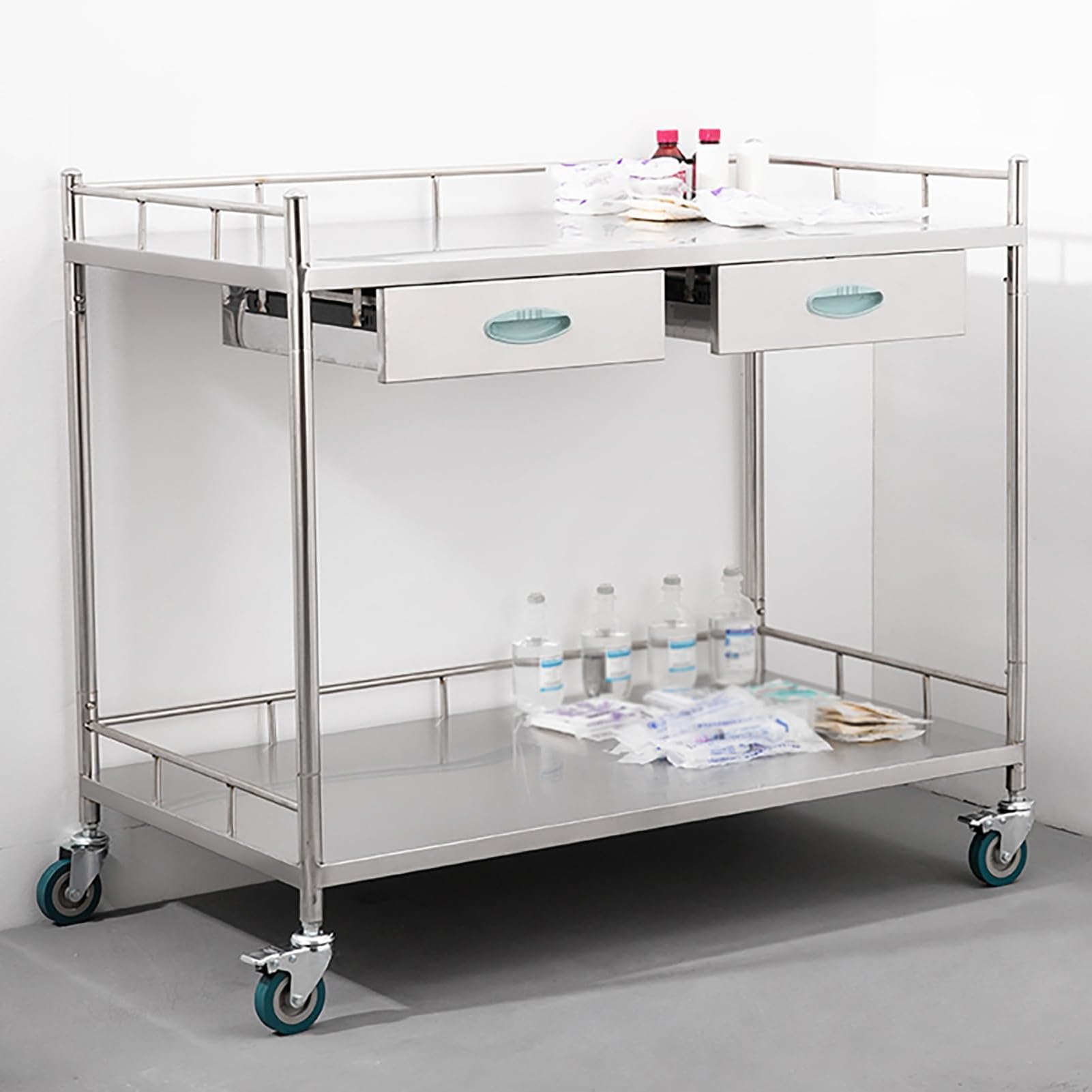 Carrello Da Laboratorio A 2 Ripiani In Acciaio Inossidabile, Con Due Cassetti, Carrelli Di Servizio Per Attrezzature, Carrelli Per Laboratori Odontoiatrici Con Ruote Commerciali,per Ufficio,ristorante