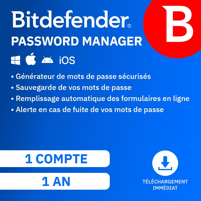 Bitdefender Password Manager 2024 | 1 compte | 1 an | PC/Mac/Smartphone | Code d'activation par email