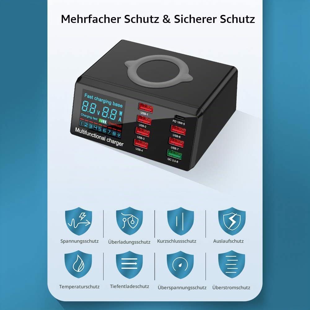 Irfora USB-Ladegerät,X9 8 Port Wireless USB Ladegerät Schnellladung PD + QC3.0 + USB Port Ladestation mit LED-Anzeige für Telefon/Laptop/Tablet EU-Stecker