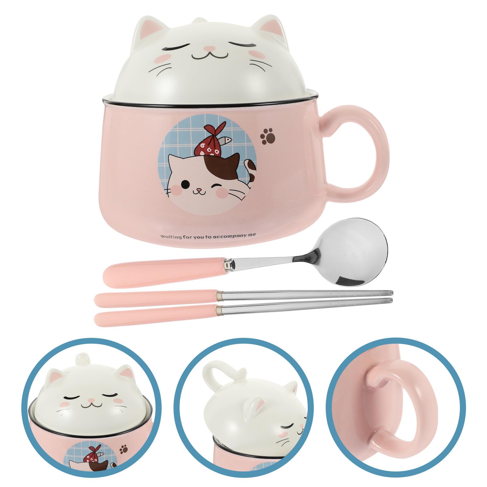 Katzenmotiv Ramen Schüssel Satz mit Deckel, 1020ml, Rosa | Keramik und Edelstahl, 1 Satz für Hauswarming, Langlebig und Leicht zu Reinigen