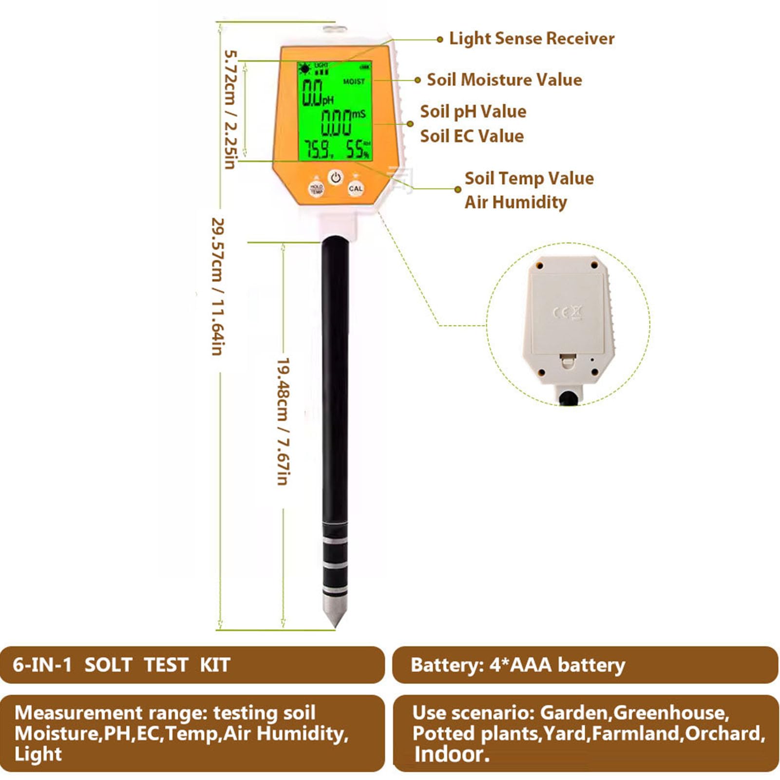 6 en 1 Medidor de Humedad del Suelo, Medidor de PH Digital/temperatura de la Planta/intensidad de Luz Solar, Pantalla LCD Retroiluminada, para Jardín, Césped, Plantas