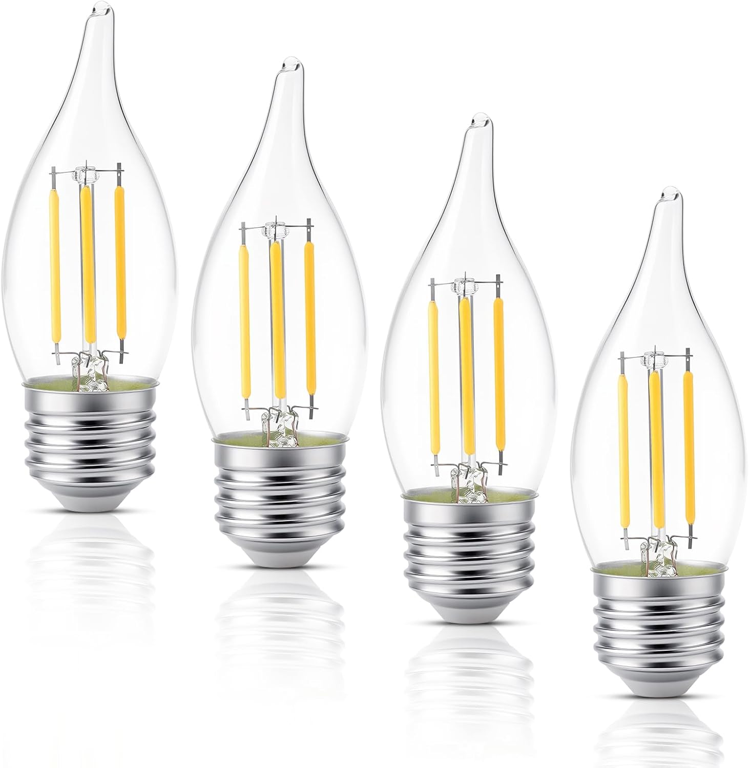 KINUR E26 2700K Warm White Decorative Candle Light Bulb Ceiling Fan Bulb Candelabra led Light Bulbs 4 Watt (40 Watt Equivalent) LED Chandelier Light Bulbs Non-Dimmable Glows in thedark 4Pack