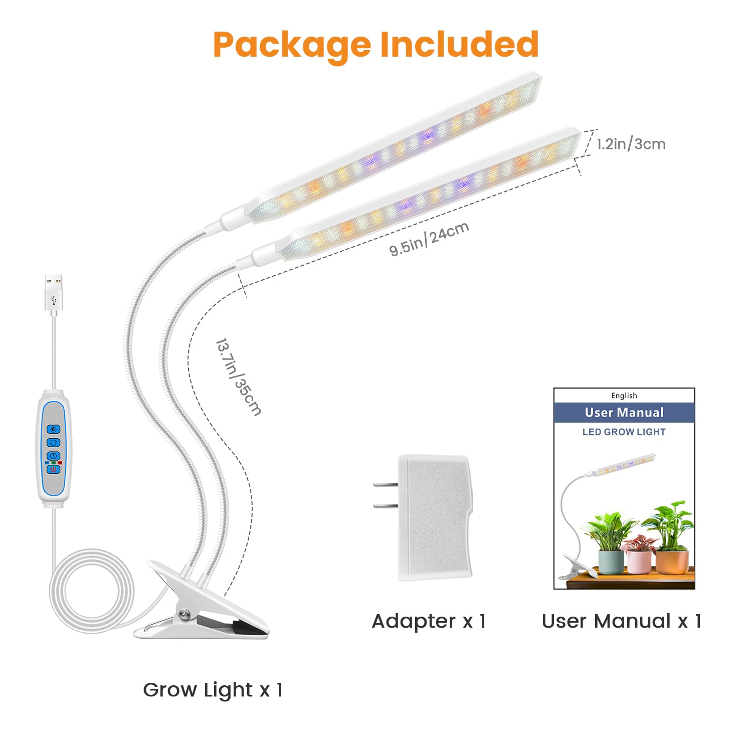 Kullinss Lampe de croissance blanche à 2 têtes à clipser pour plantes d'intérieur avec minuterie de 6/12/16 h, 3 modes de couleur, 5 niveaux à intensité variable, 114 LED à spectre complet pour