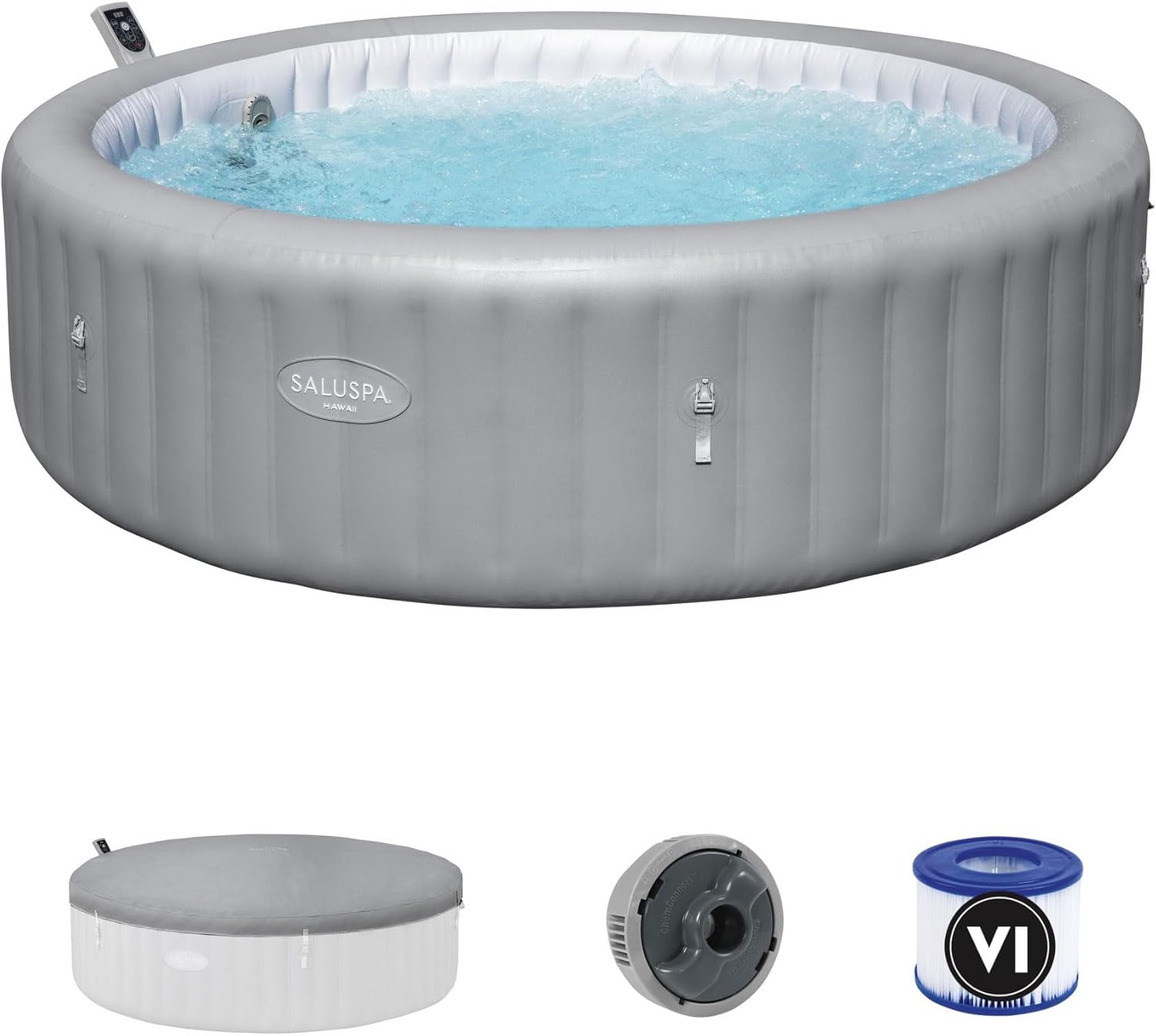 Bestway SaluSpa Hawaii Smart AirJet Inflatable Hot Tub Round Portable 6 to 8 Person Spa with 190 AirJets, App Control and EnergySense Cover, Grey