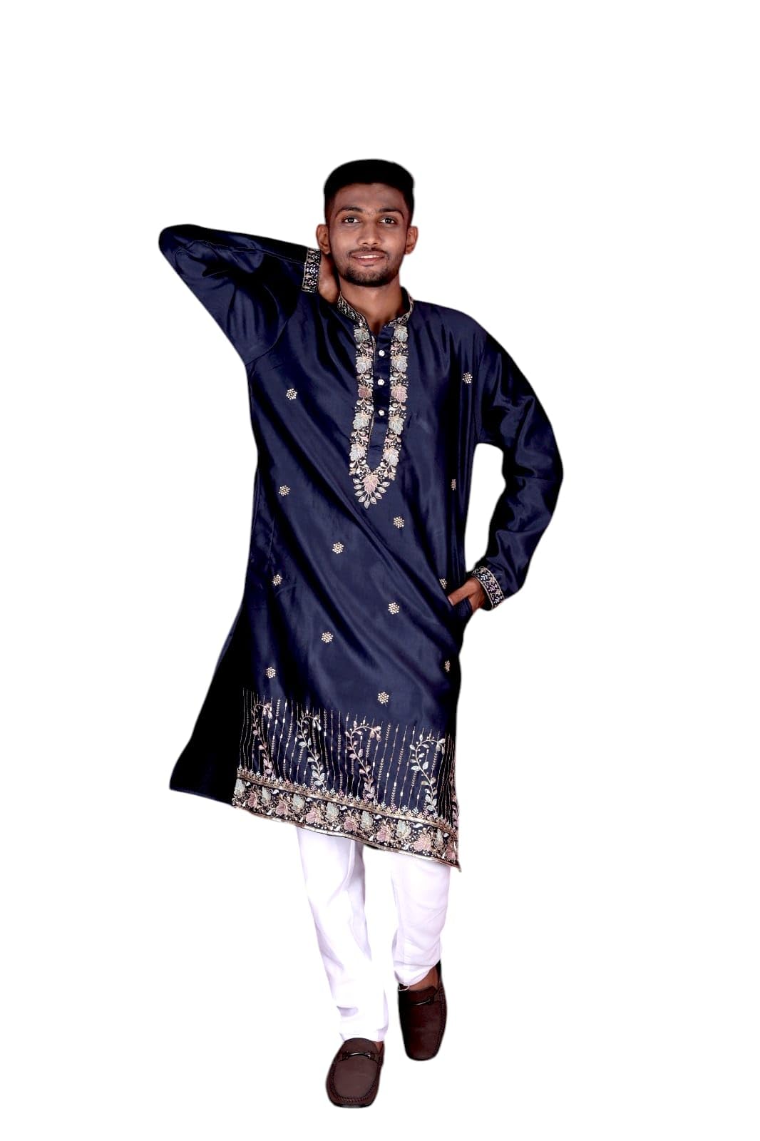 Men's Blue Embroidered Suit Jacket with Matching Pants-picture-34