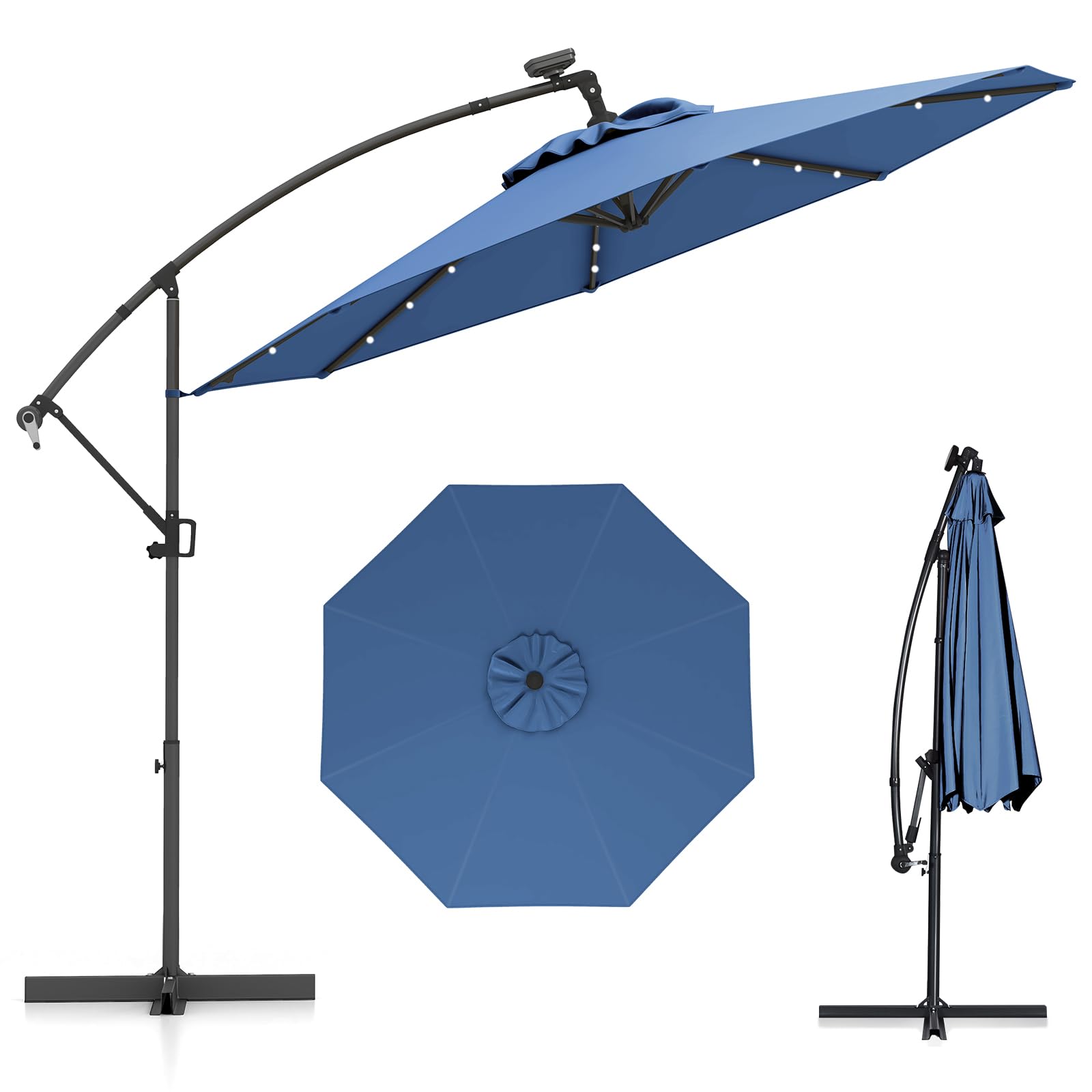 COSTWAY Sombrilla Terraza Exterior 3x3, Parasol Excentrico con 32 Luces LED Solar, Base Cruzada, Ajuste de Inclinación y Manivela, Rotación de 360°, Sombriila Jardin Terraza Balcón Patio