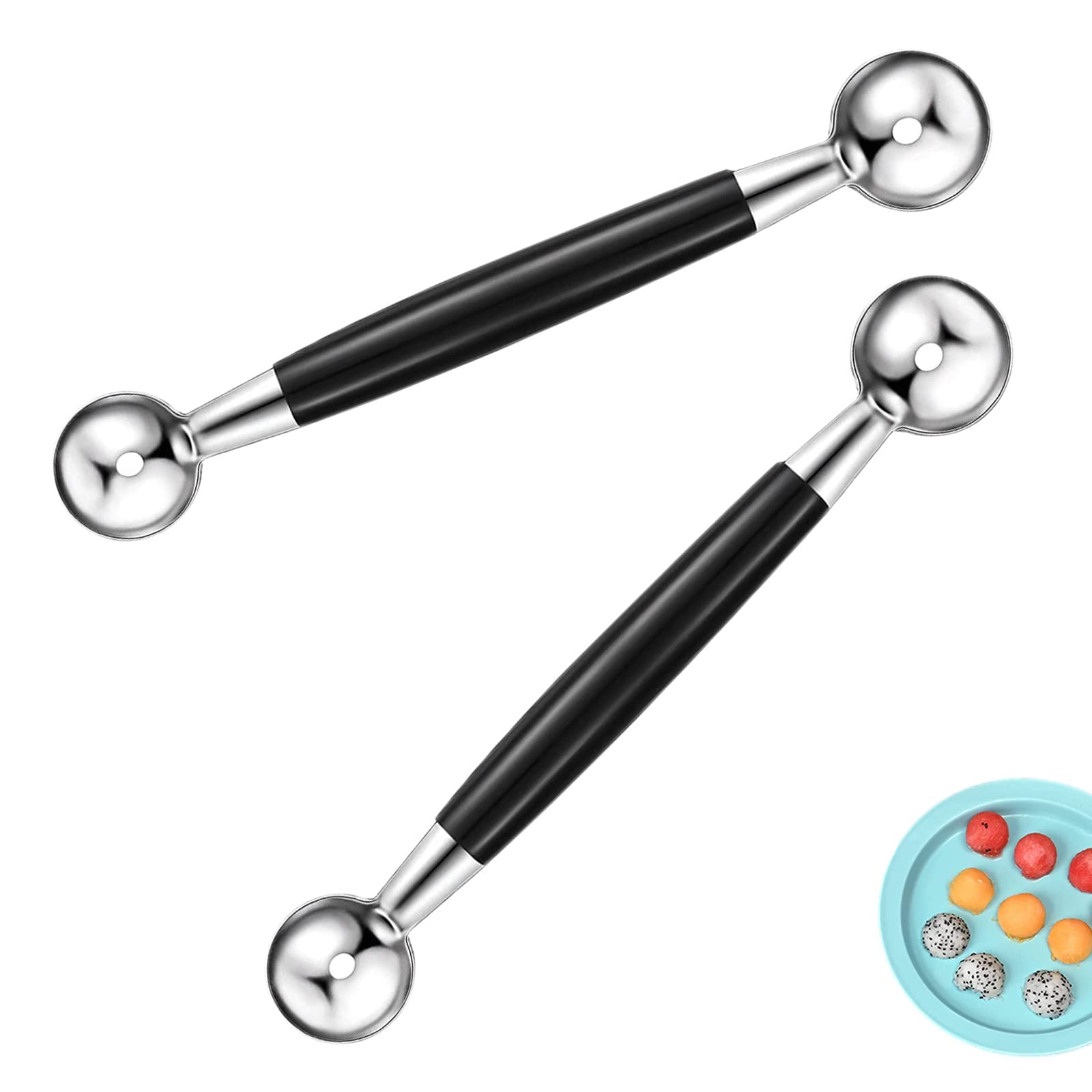 2Pcs Cuchara de Helado de Doble Cara, Cucharas de Melón de Acero Inoxidable, Cuchara de Bolas Redondas para Postre Ensalada Frutas, Plateado