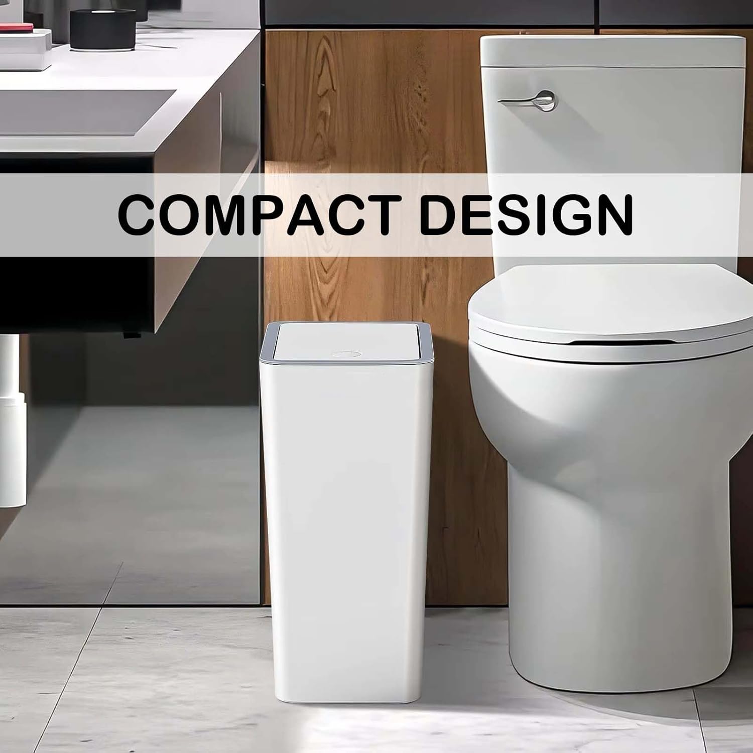 2 Pack Bathroom Trash Can, 4.0 Gallon / 15 Liter Small Garbage Can with Press Top Lid, Plastic Wastebasket with Pop-up Lid for Toilet, Office, Bedroom, Living Room, White