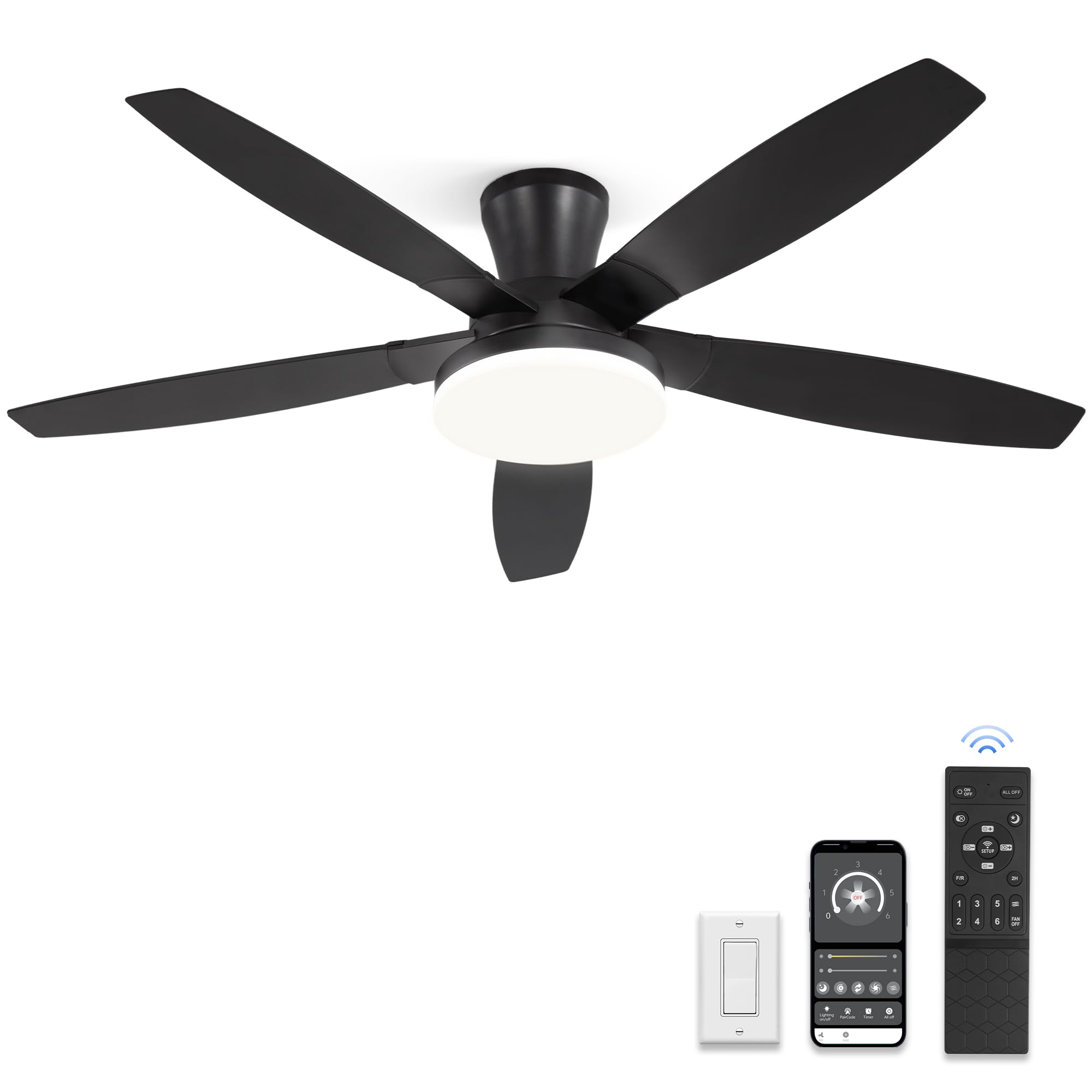 ZMISHIBO 52 inch Ceiling Fans with Lights and Remote/APP Control,Black Low Profile Ceiling Fan with Light,Quiet DC Motor,LED Dimmable, Modern Flush Mount Ceiling Fan for Bedroom Indoor/Outdoor Patio