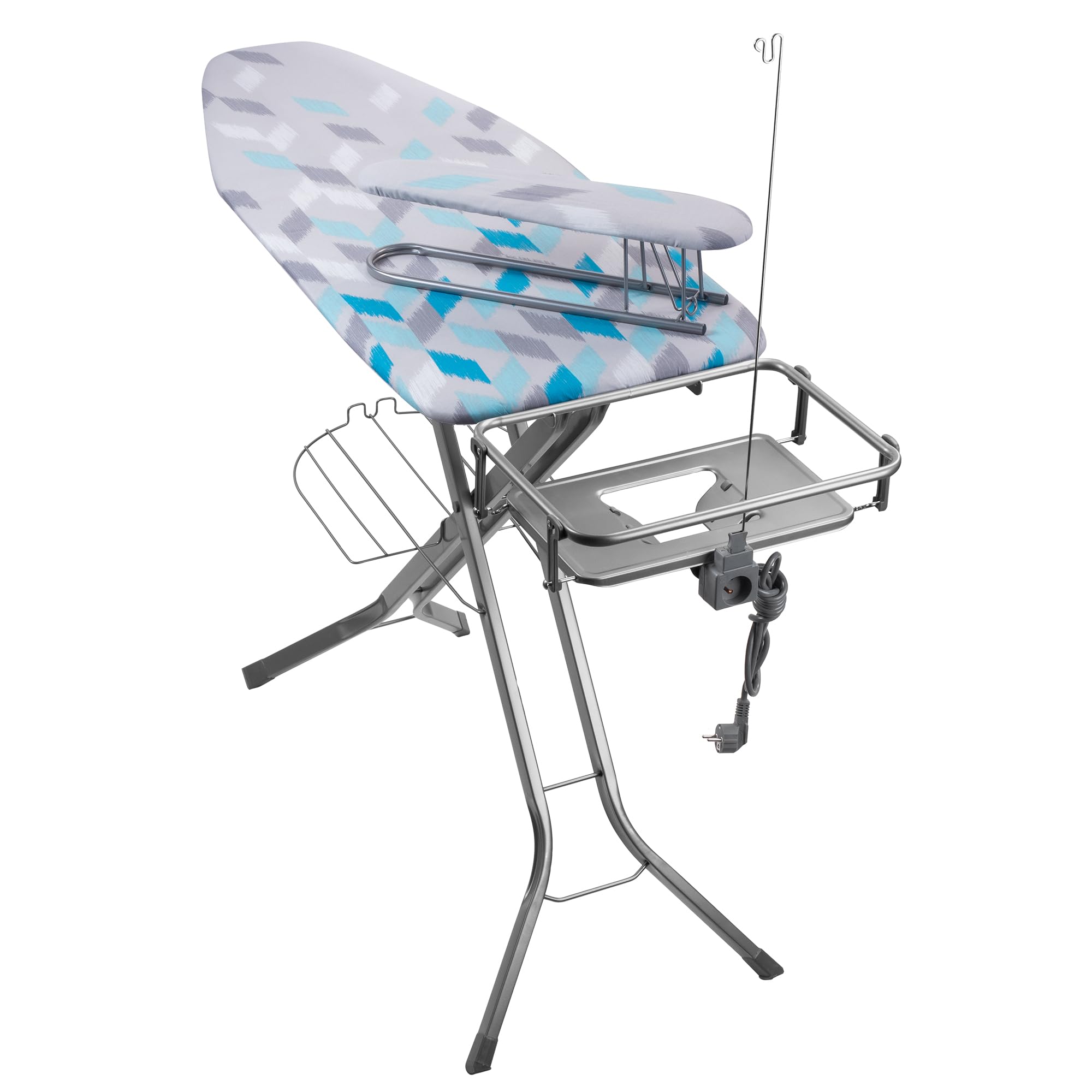 KADAX Tabla de Planchar Plegable con Enchufe, Altura Regulable, Funda Removible, Mesa para Planchar Mangas y Soporte para Plancha y Cable (Azul Claro)