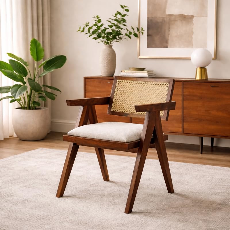 NATRAJ ART & CRAFT Wooden Arm Chair for Living Room & Dining | Solid Wood Frame with Cane Backrest | Cushioned Seat | Modern Accent Chairs for Home & Office (Honey)-image-40