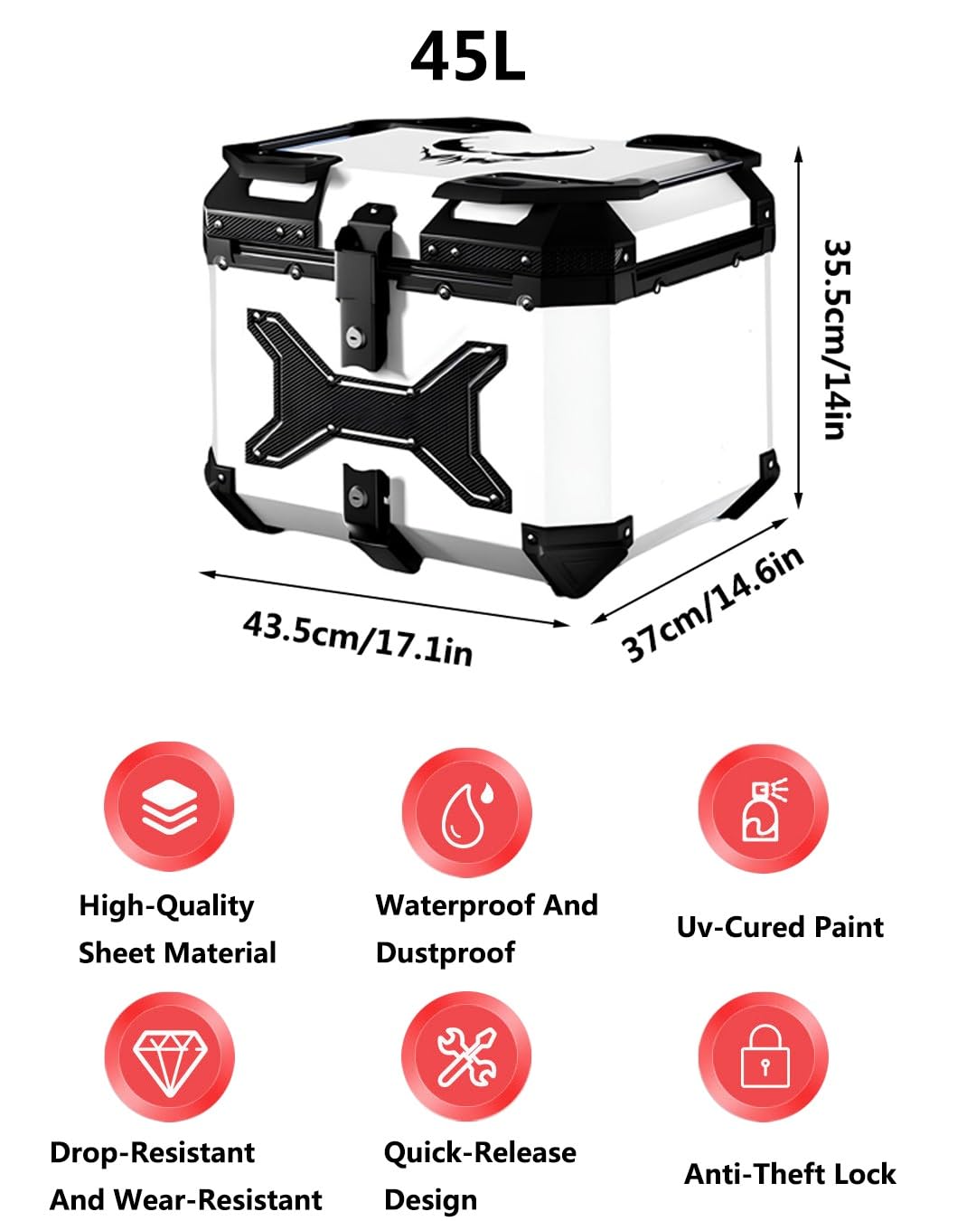 Baúl De Aluminio para Motocicleta con Cerradura De Seguridad, Resistente Al Agua Y Antirrobo Caja para Equipaje De Casco Maleta Moto Desenganche Rápido(45L A1)