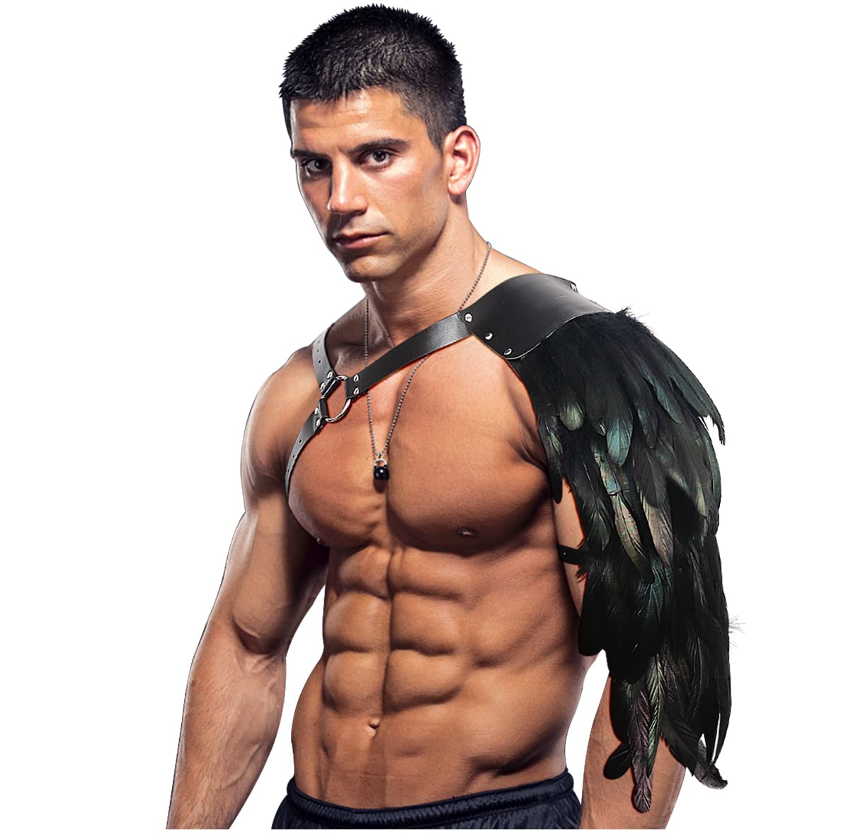 L'VOW Punk Feather Guards Costume for Men Adjustable Gothic Faux PU Leather Shoulder Armor Viking Cosplay for Halloween