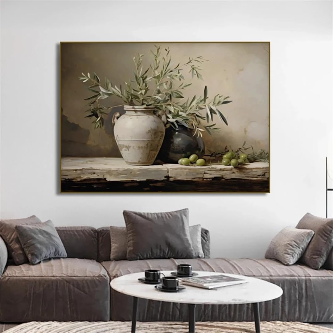 Ltjiajuypd Frameless Mediterranean Antique Olive Branch Botanical Vase Canvas Painting Print Rustic Neutral Kitchen Poster Wall Art(70X100cm/Frameless)