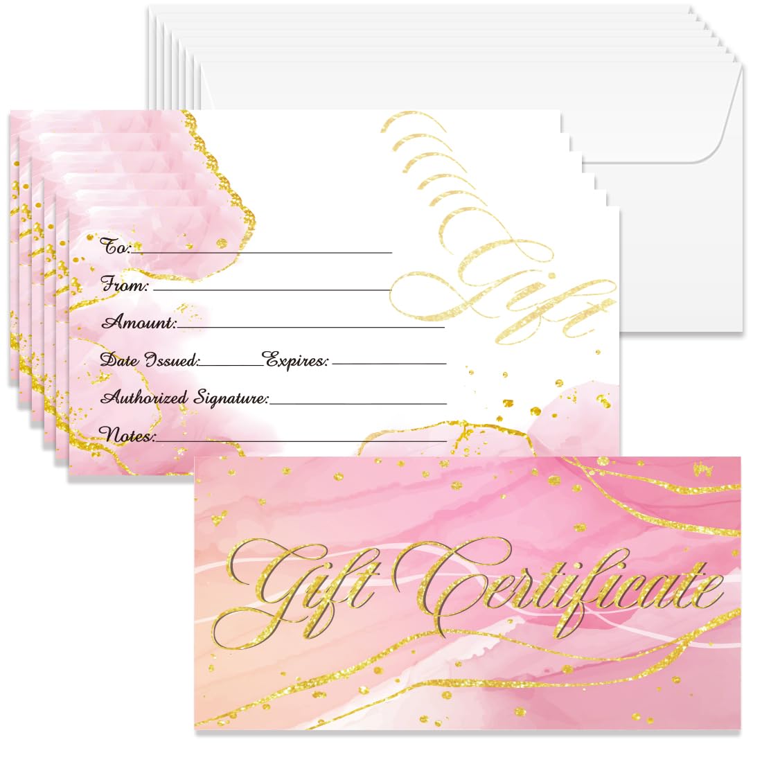 Doodlream 40 Sets Gift Certificate for Business, Blank Gift Cards Certificates with Envelopes, 17 x 8.5 cm Pink Marble Cards Vouchers for Holiday Birthday Restaurant Spa Beauty Makeup Hair Salon