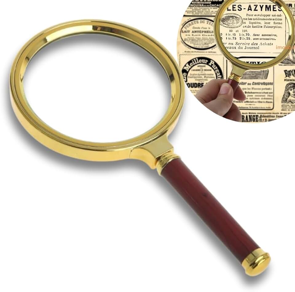 Lupa Vintage Lente de Aumento 90mm Retrô com Cabo Marrom e Aro Dourado, Ampliação 10x, Ideal para Leitura e Visualização Detalhada, 17.5cm de Comprimento