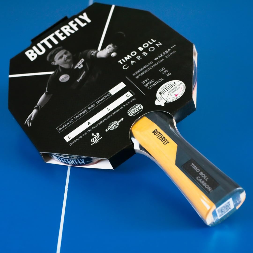Butterfly Timo Boll Carbon rakieta do tenisa stołowego, certyfikowana przez ITTF okładzina Wakaba na zawody, gąbka 2,0 mm, dla wytrenowanych profesjonalnych graczy klubowych