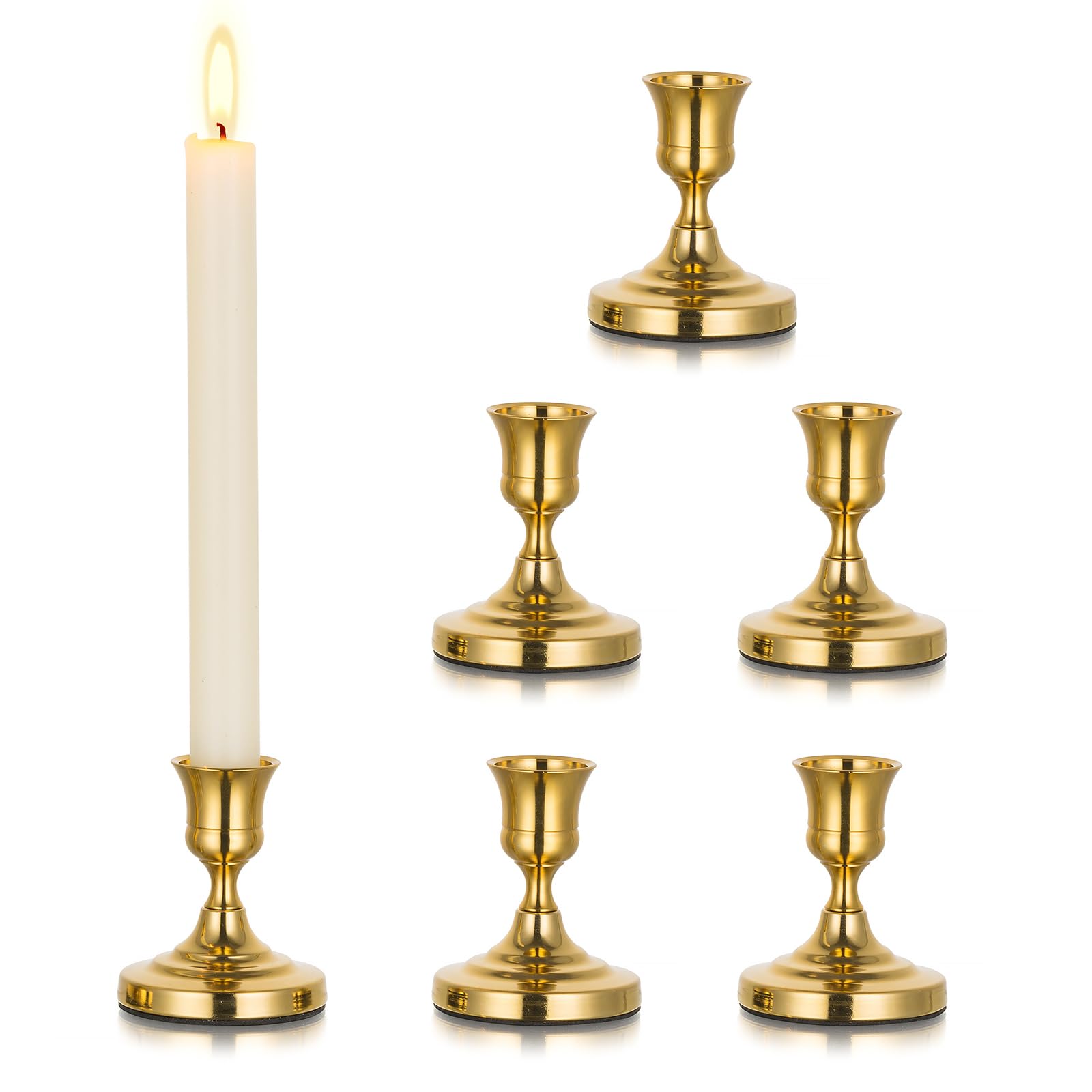 Inweder Candlestick Holders for Table Centerpieces: Set of 6 Brass Gold Candle Holders for Taper Candles Small Metal Candle Sticks for Wedding Christmas Fireplace Windowsill Living Room Decor