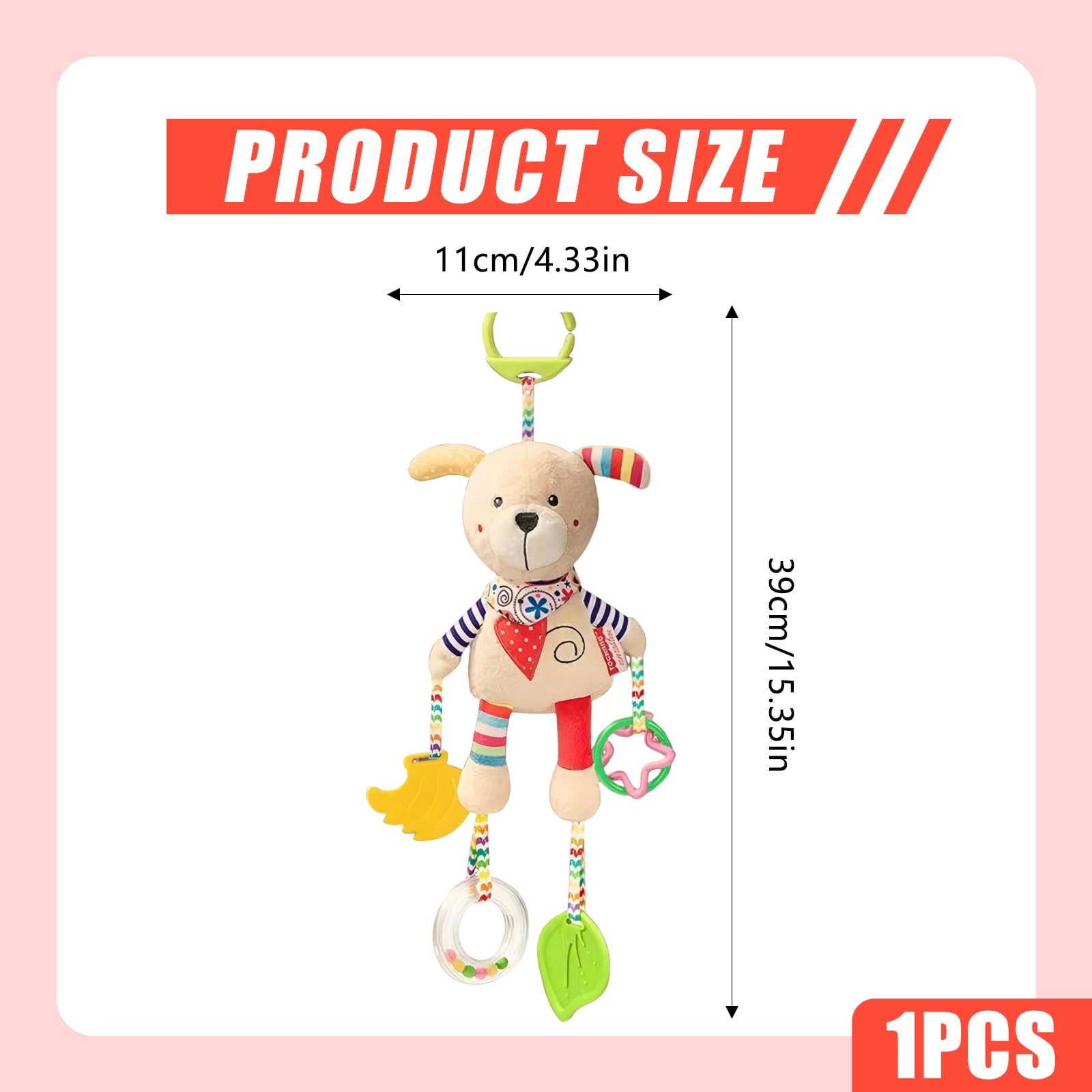 Jodsen Baby Pram Pushchair Toys Newborn Sensory Toy for Babies Soft Plush Early Development Stroller Car Toy Hanging Activity Toy with Teether Clip on Pushchair Handbells Baby Rattles Toys (Cute Dog) - Image 2