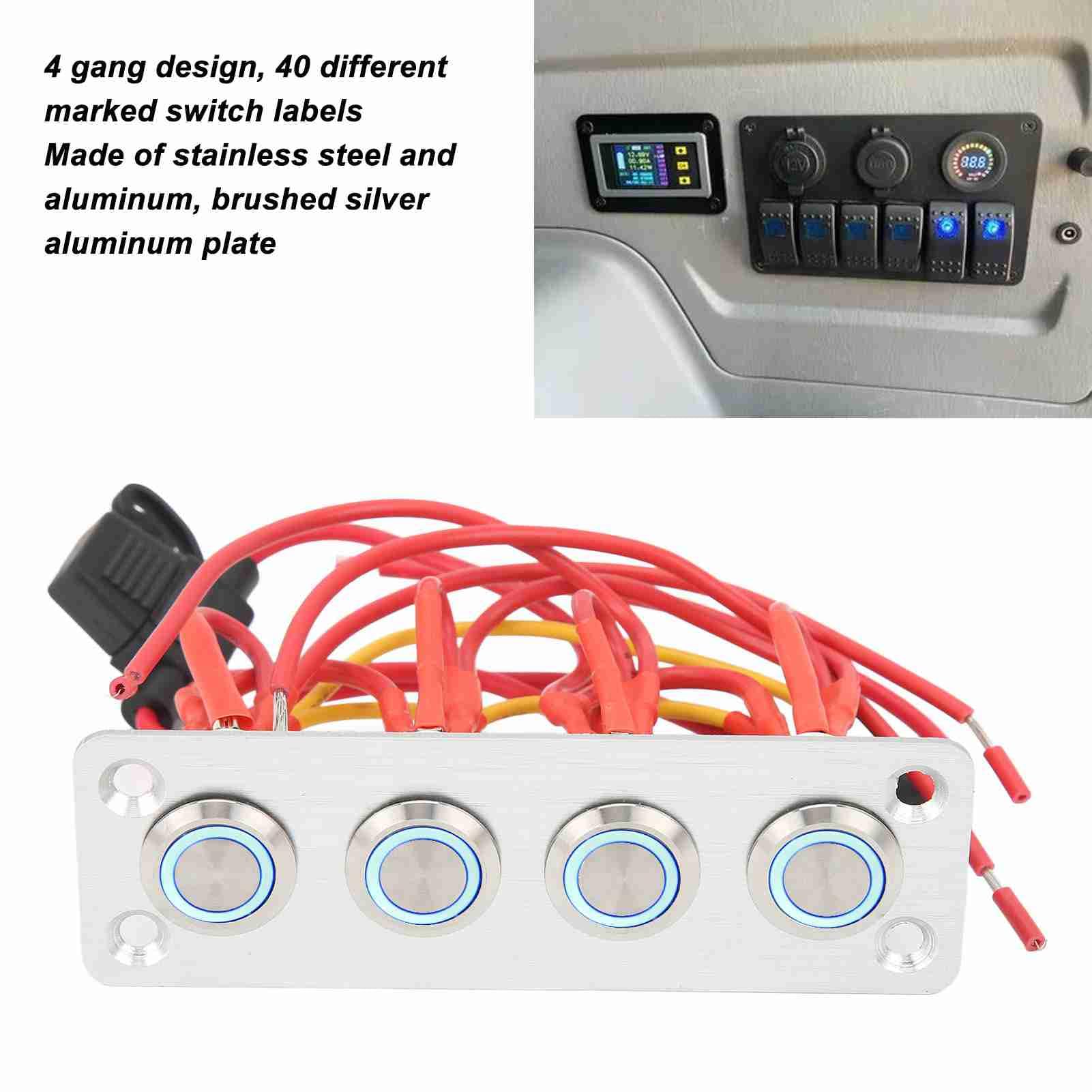 Yctze 4 Gang Switch Panel Blue Light DC 12V 16A Stainles Boating Rocker switches4 Gang Rocker Switch Panel On Off Toggle Switch Marine Boat