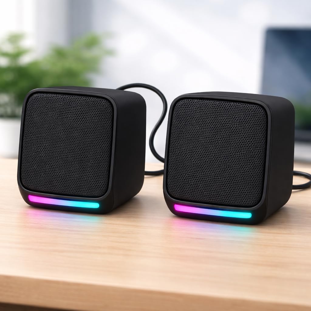 OTOOBEST USB Computer Speakers, 6W Stereo Sound with Multicolor LED, USB Powered & AUX Input, Volume Control Pod for PC, Laptop, Desktop (MZ-Black-11VP)