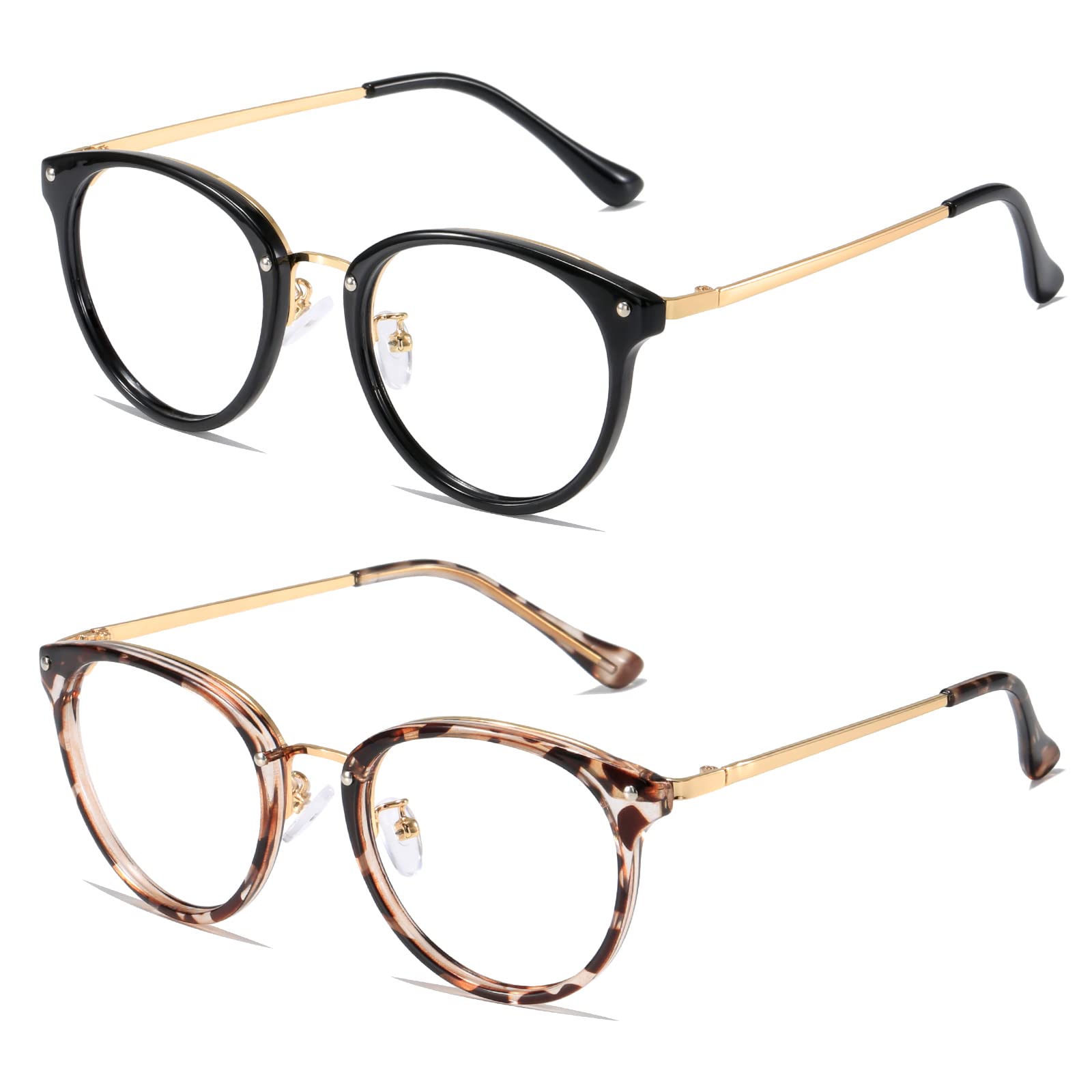 Cleoxyge Blaulichtfilter Brille Ohne Sehstärke für Damen-Herren,Metallrahmen Anti Blaulicht UV400-Schutz PC Gaming Mit Brillenetuis und Brillenputztuch (C009 - 2 Pack Leopard+ Schwarz)