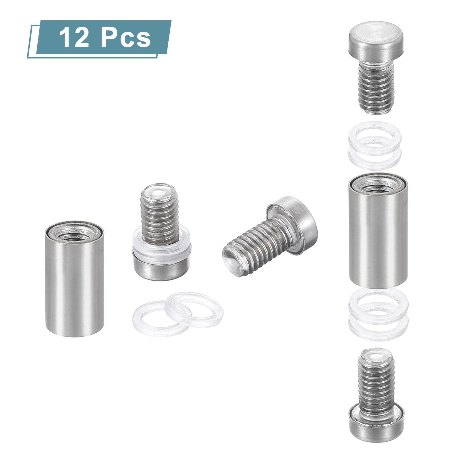 QUARKZMAN 12pz Distanziali per Targhe 12x30mm Vite di Supporto a Doppia Testa in Acciaio Inossidabile Viti Distanziatrici Parete per Cartello Vetro Acrilico Porta Pubblicitario, Argento