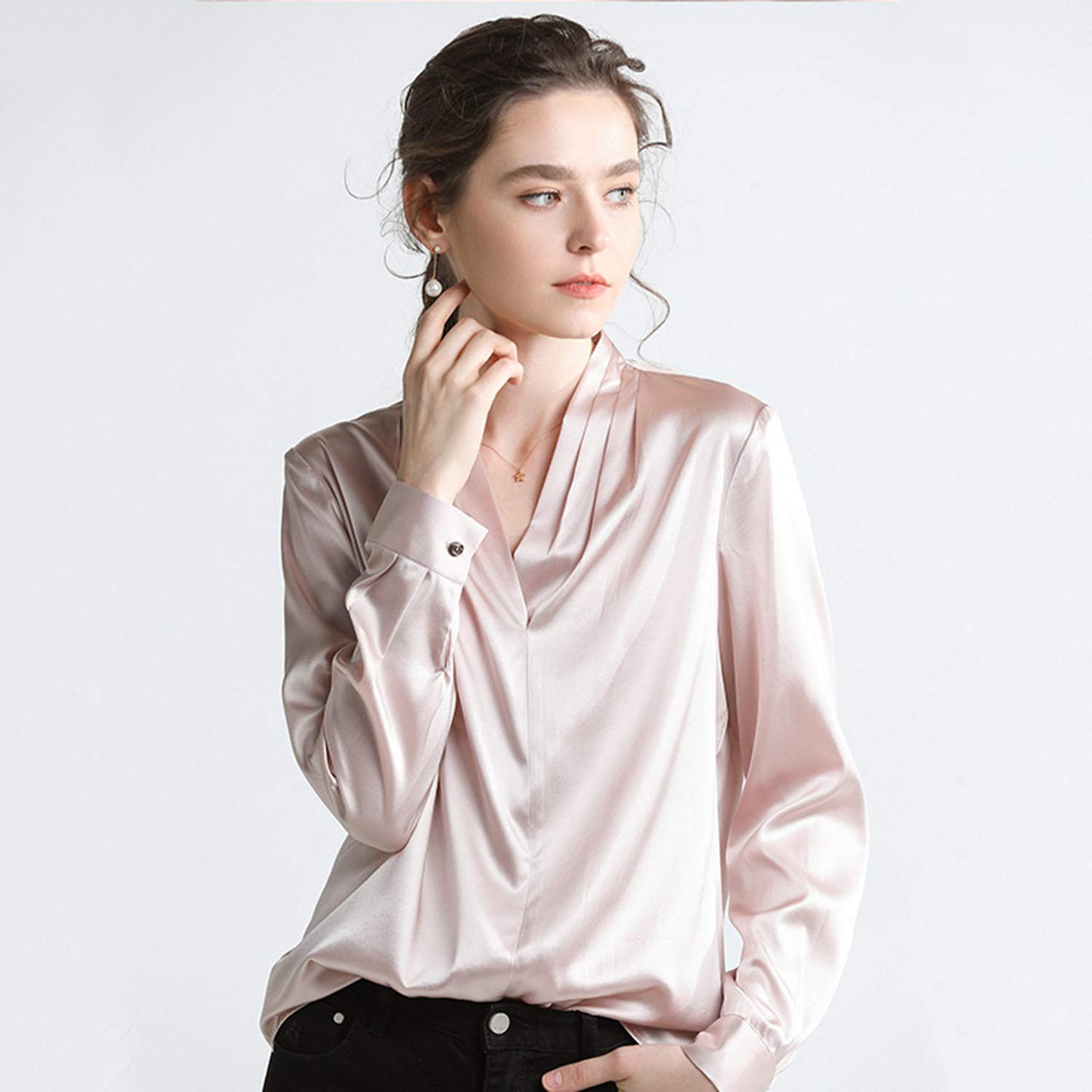 Camicia Donna in Seta con Scollo A V, Blusa Elegante, Top Leggero A Molle, Camicia Basic da Ufficio