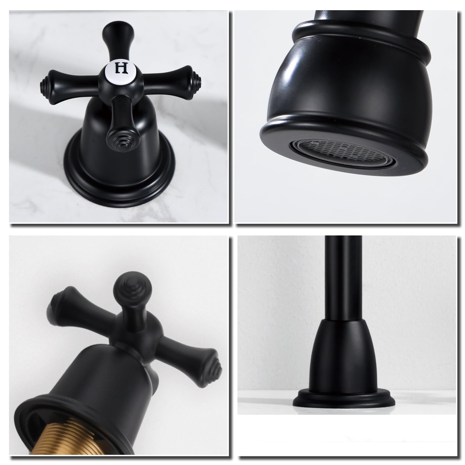 RKF CWF039-MB - Grifos de baño para fregadero de 3 agujeros, color negro mate, 8 pulgadas, llave de fregadero de baño generalizada con desagüe, 2 asas, pomos cruzados, grifo mezclador para lavabo con