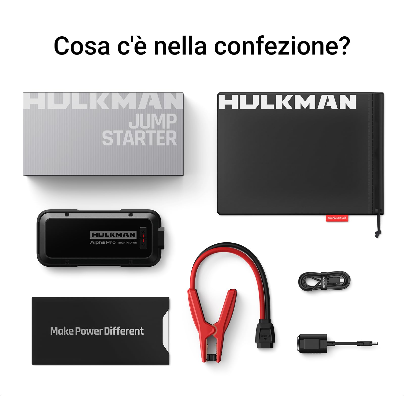 Hulkman Alpha Pro, nero solido. Avviatore smart per batterie 1500A, 44.4Wh. Con display LED 3.3". Batteria portatile auto, carica e scarica PD65W, 12V. Adatta per motori a gas 7.5L e diesel 4.5L