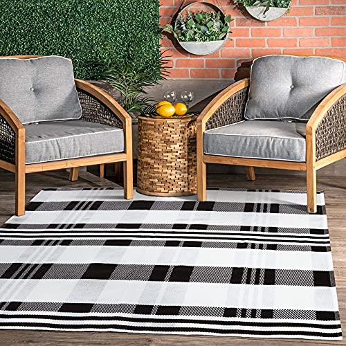 Black White Buffalo Plaid Rug Outdoor Doormat 3' X 5' Cotton Woven Checkered Rugs Machine Washable Stripe Area Rug Indoor Outdoor Carpet Layered Door Mats For Farmhouse Living Room Porch Bedroom #TOP1