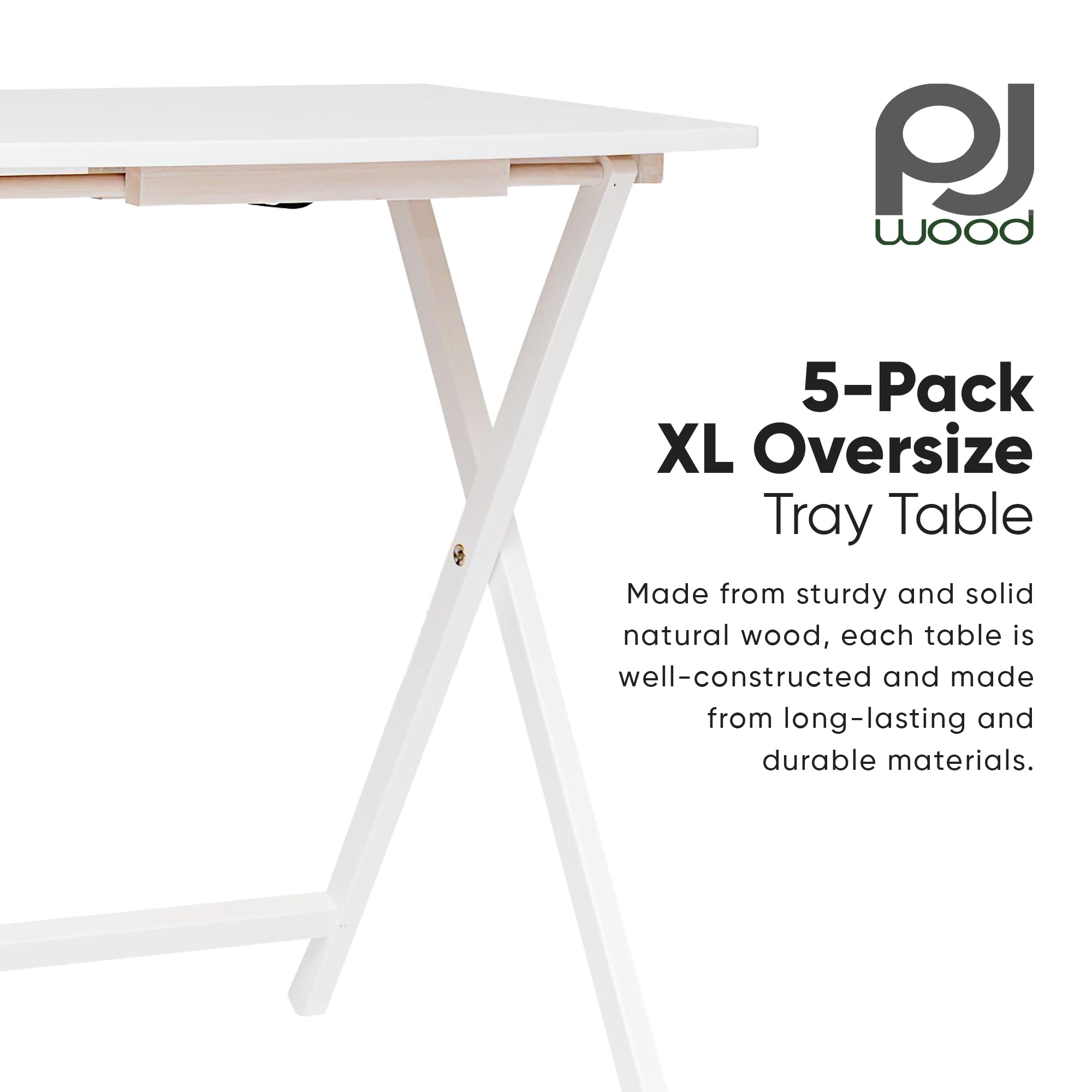 Condition photo showing New/Like New for pj wood - 5 pack xl tv tray tables - white wood set | large size, rectangular shape, modern style, foldable design, 33.2 lb capacity each, small space storage