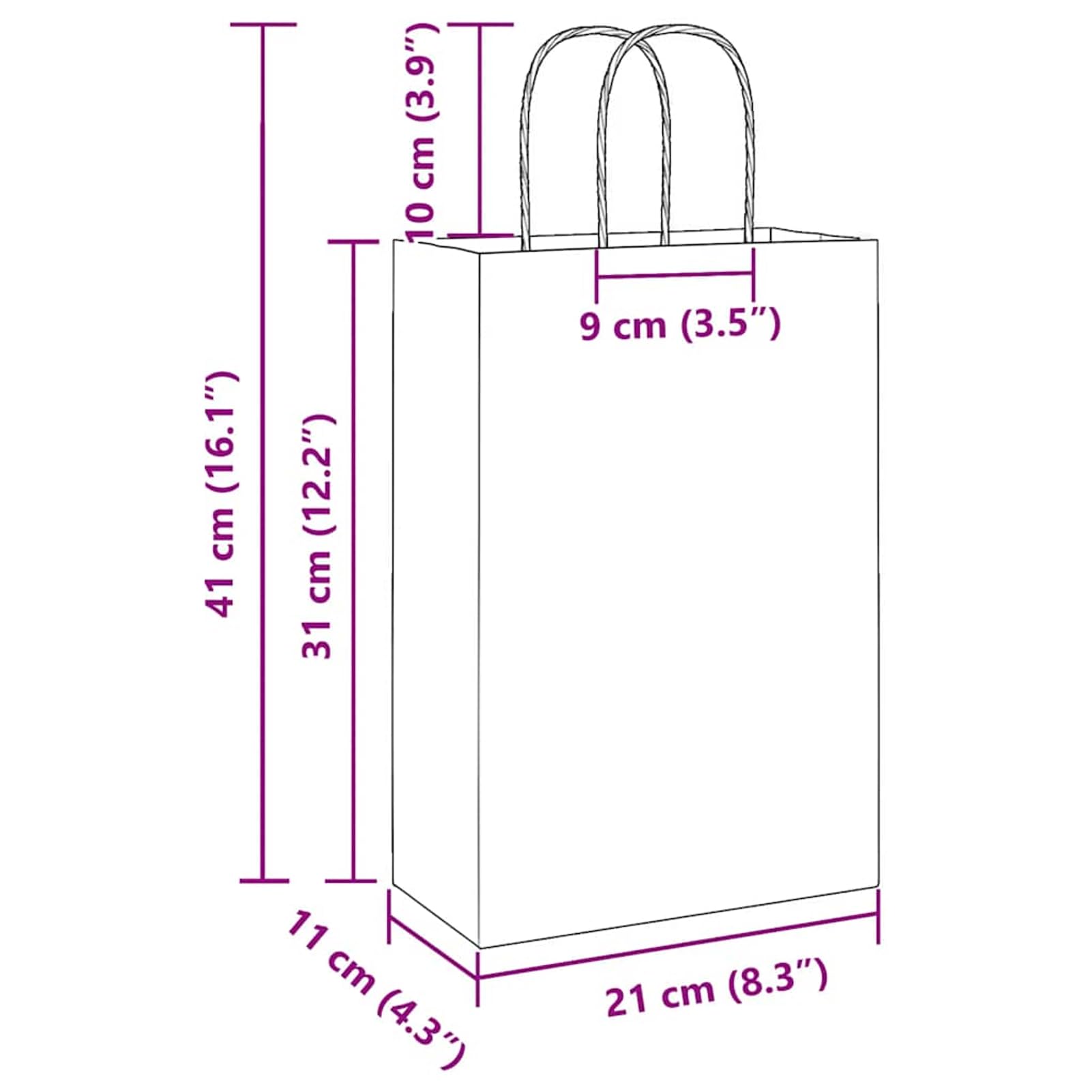 Fecpoo Torby papierowe 250 sztuk – białe torebki z papieru typu kraft, 21 x 11 x 31 cm, ze stabilnymi uchwytami linowymi papierowymi, idealne do pakowania prezentów i sprzedaży detalicznej