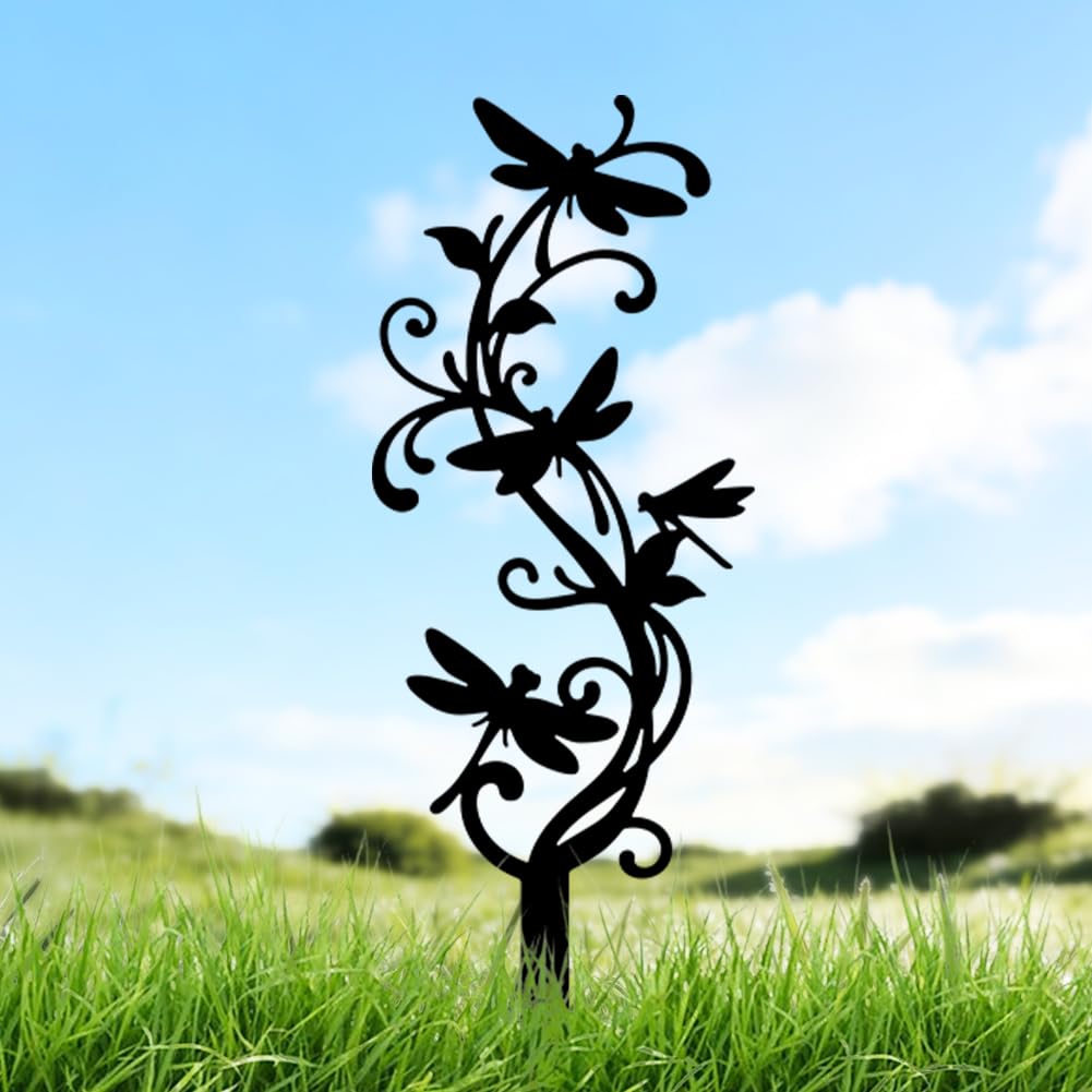 DOODLREAM Dragonfly Vine Metal Garden Stakes, Black Plant Silhouette Decor for Outside, Double-Side Metal Art Ornament for Yard, Lawn, Patio, Pathway, Outdoor Garden Decor โ image 1