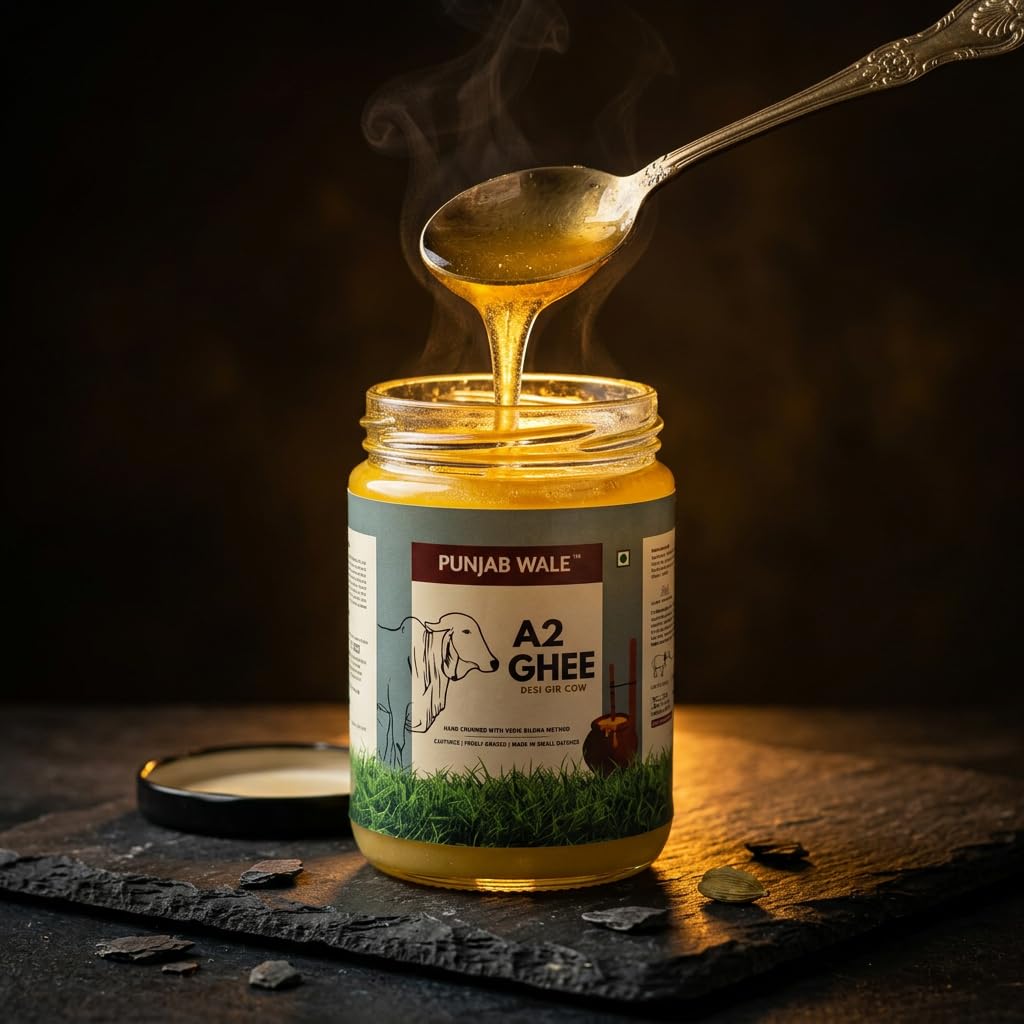 PUNJAB WALE Ghee A2 | Vaca Desi Gir | Método Védico Bilona | Cultivado | Triturado a mano | Hecho en pequeños lotes | Probado en laboratorio | Tarro de vidrio | Alimentado con pasto | Ghee premium y