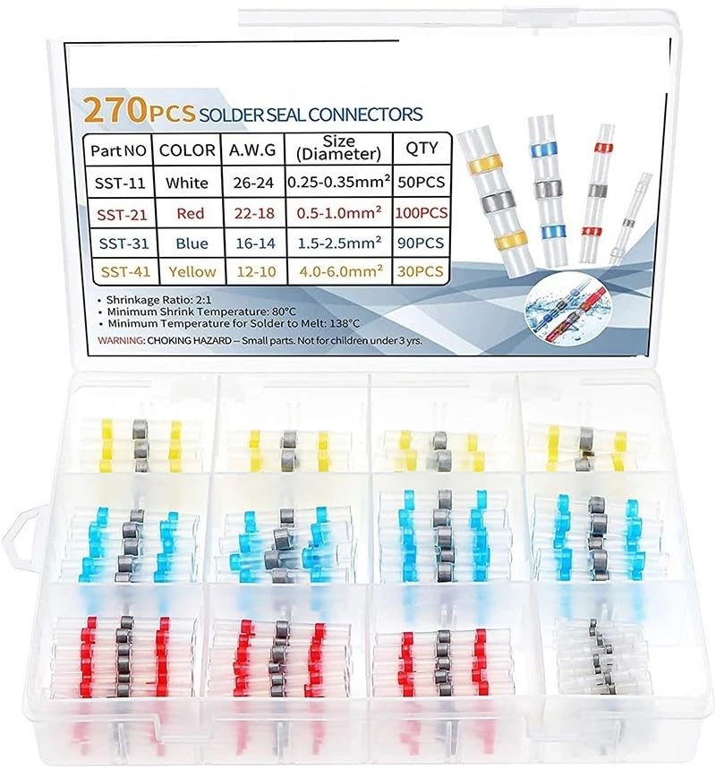 270pcs Waterproof Heat Shrink Butt Crimp Terminals Solder Seal Electrical Wire Cable Splice Terminal Kit for Automotive Marine