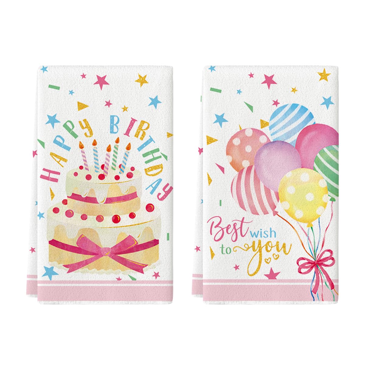Artoid ModeCake Balloons Happy Birthday Kitchen Towels Dish Towels, 18x26 Inch Seasonal Best Wish Decoration Hand Towels Set of 2