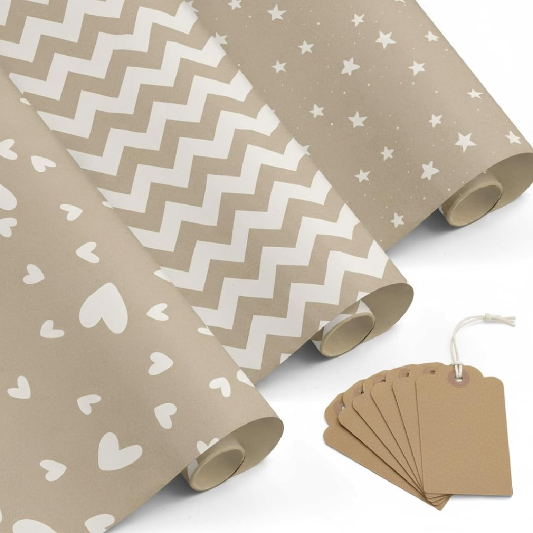Confezione da 3 rotoli carta regalo 0,5 x 3 m • KRAFT STAMPA VARIATA - Con etichette • Ideale per: Negozi Business Commercio Avvolgere regali Compleanno Baby Shower Matrimoni Decorazione [FP Fiesta