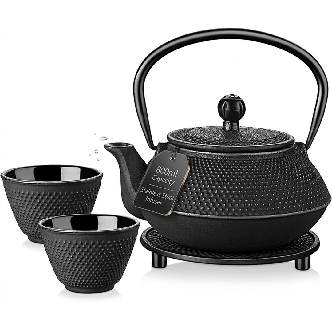 Gr8 Home 5 in 1 Cast Iron Teapot Set 800ml | Japanese Style Tetsubin Teapot with Infuser, Cups & Trivet | Tea Set for Adults Stovetop Tea Pot | Afternoon Tea Set with Tray | Black