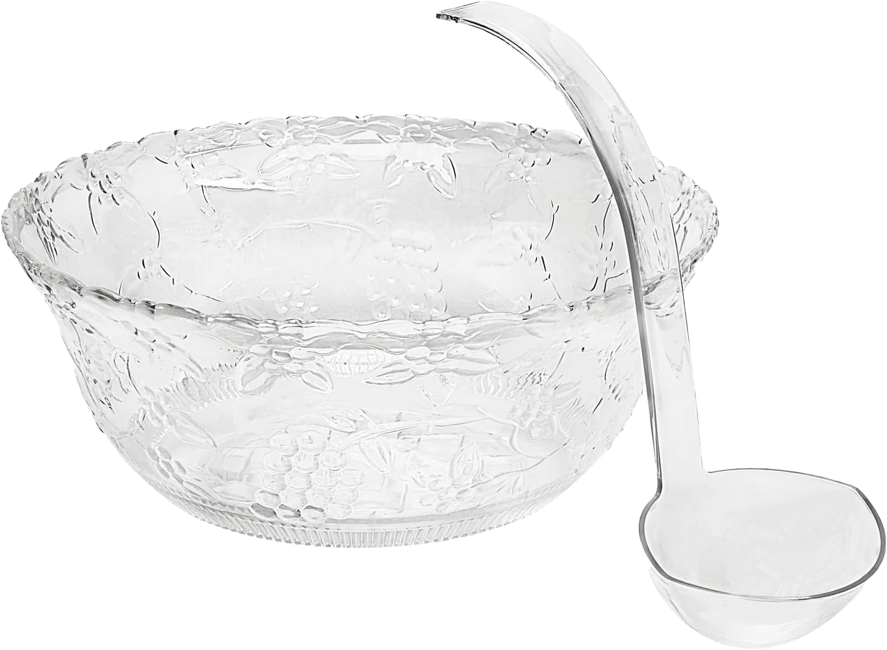 Heavyweight Plastic Punch Bowl with Ladle | 8 Quart Clear 2 Gallon Punch Plastic Bowls | Punch Set of Bowl and 5 oz. Ladle | Embroidered Punch Bowl with Serving Ladle for Parties