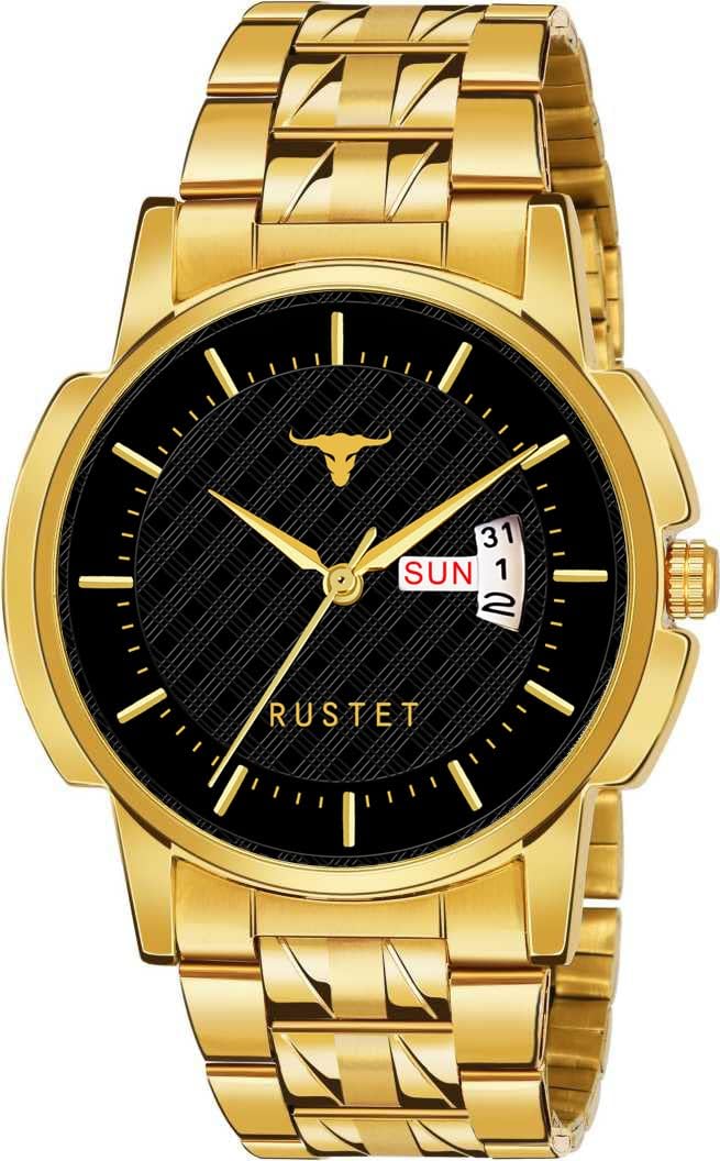 RUSTET Analogue Waterproof Men's Day and Date Watch (Gold Round Dial Gold Strap,LS3890)