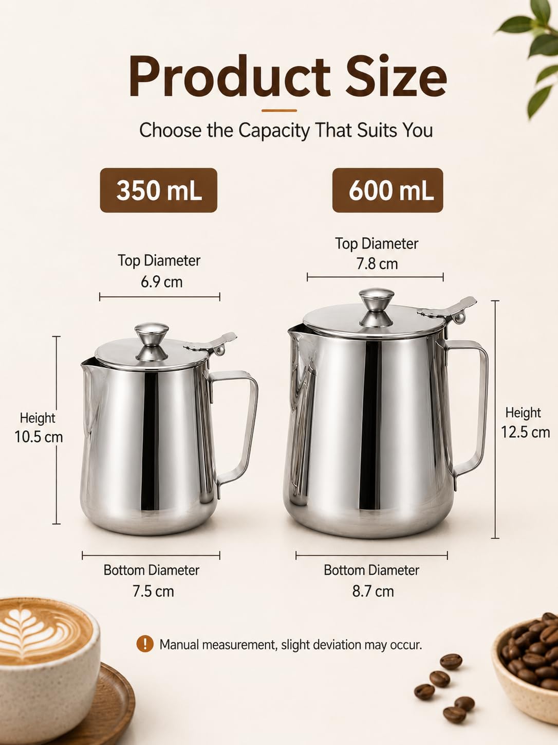 VOBOR Pentolino Latte In Acciaio Inossidabile, Brocca Per Tazza Da Caffè Con Coperchio Per Schiuma Di Latte Art (350 Ml)